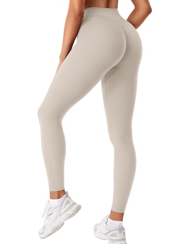 ZAAYO Damen Sport Leggings Scrunch Workout Leggings Kompression Butt Lifting Mitte Hohe Taille 26 inch Nahtlose V Back Yoga-Hosen Perlmuttgrau M von ZAAYO