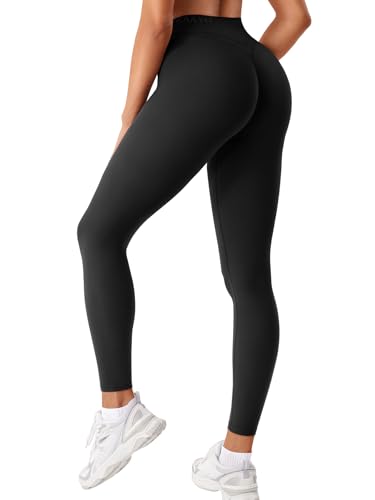 ZAAYO Damen Sport Leggings Scrunch Workout Leggings Kompression Butt Lifting Mitte Hohe Taille 26 inch Nahtlose V Back Yoga-Hosen Schwarz XL von ZAAYO