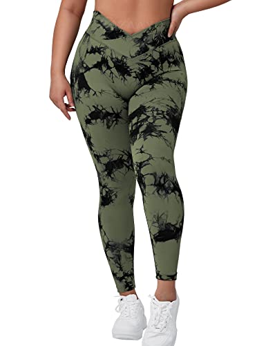 ZAAYO Damen Sport Leggings V-Taille Tie Dye Scrunch Butt Booty Slim Fit Seamless Fitness Gym Pants Workout Sporthose Yoga Hose Army Green Large von ZAAYO