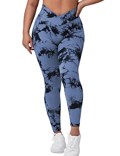 ZAAYO Damen Sport Leggings V-Taille Tie Dye Scrunch Butt Booty Slim Fit Seamless Fitness Gym Pants Workout Sporthose Yoga Hose Dunkelblau Small von ZAAYO