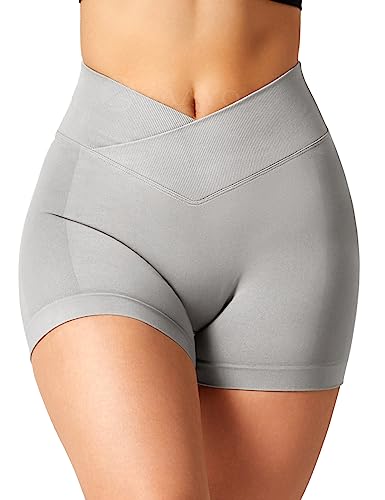 ZAAYO Damen Sport Shorts V Waist Shorts 3.5" High Waist Workout Booty Scrunch V Cross Shorts Biker Gym Kurze Hosen für Sommer Yoga Fitness Lauf Light Grey Medium von ZAAYO