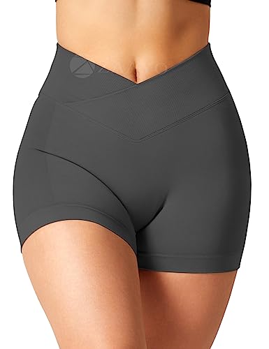 ZAAYO Damen Sport Shorts V Waist Shorts 3.5" High Waist Workout Booty Scrunch V Cross Shorts Biker Gym Kurze Hosen für Sommer Yoga Fitness Lauf Smoke Grey Large von ZAAYO