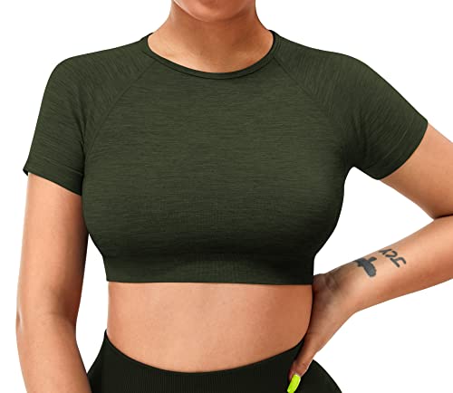 ZAAYO Damen Sport T Shirt Gym Top Slim Basic Summer Crop Kurzarm Frauen Sportoberteil Armeegrün S von ZAAYO