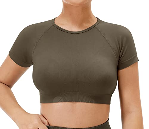 ZAAYO Damen Sport T Shirt Gym Top Slim Basic Summer Crop Kurzarm Frauen Sportoberteil Kaffee L von ZAAYO