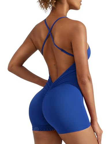 ZAAYO Damen Workout Jumpsuits Shorts Sexy Backless Gym Bodycon Scrunch Butt Yoga Bodycon One Piece Full Body Suit Stretch Elegant Jumpsuits Blau Large von ZAAYO