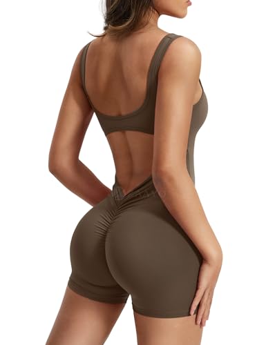 ZAAYO Damen Workout Jumpsuits Shorts Sexy Backless Gym Bodycon Scrunch Butt Yoga Bodycon One Piece Full Body Suit Stretch Elegant Jumpsuits Kaffee Medium von ZAAYO