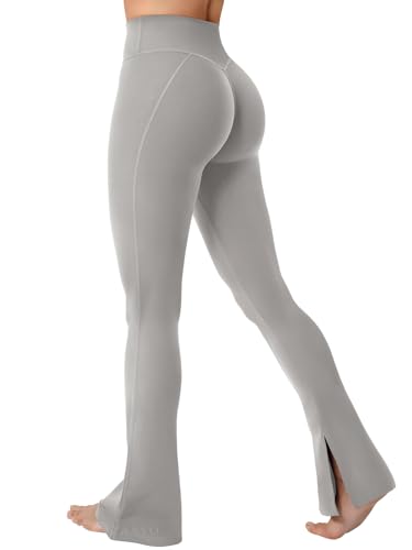 ZAAYO Flared Split Hem Leggings Damen Invisible Scrunch Butt Sport Leggings Hohe Taille Mini Schlaghose Damen Workout Yogahose Damen Lang Push Up Blickdicht Sporthose Hellgrau M von ZAAYO