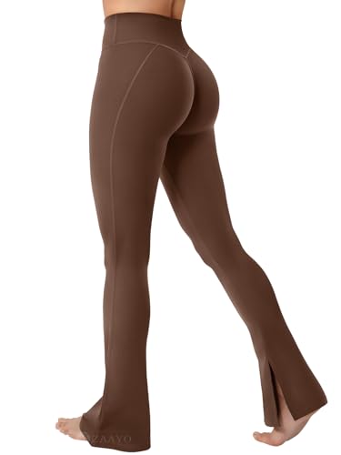 ZAAYO Flared Split Hem Leggings Damen Invisible Scrunch Butt Sport Leggings Hohe Taille Mini Schlaghose Damen Workout Yogahose Damen Lang Push Up Blickdicht Sporthose Tiefbraun M von ZAAYO
