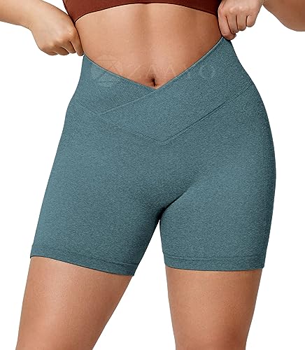 ZAAYO Gym Shorts Damen V Cross 5'' Sporthose Kurz Scrunch Butt High Waist Leggings für Sommer Yoga Fitness Lauf Dunkelblau Large von ZAAYO