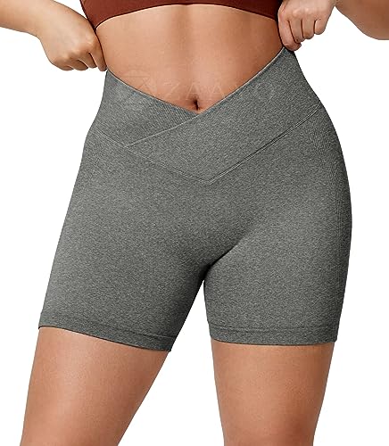 ZAAYO Gym Shorts Damen V Cross 5'' Sporthose Kurz Scrunch Butt High Waist Leggings für Sommer Yoga Fitness Lauf Dunkelgrau Large von ZAAYO