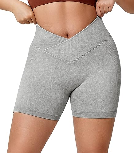 ZAAYO Gym Shorts Damen V Cross 5'' Sporthose Kurz Scrunch Butt High Waist Leggings für Sommer Yoga Fitness Lauf Hellgrau Large von ZAAYO