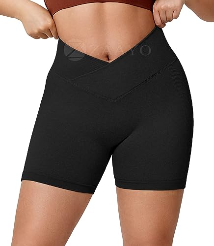 ZAAYO Gym Shorts Damen V Cross 5'' Sporthose Kurz Scrunch Butt High Waist Leggings für Sommer Yoga Fitness Lauf Schwarz Large von ZAAYO