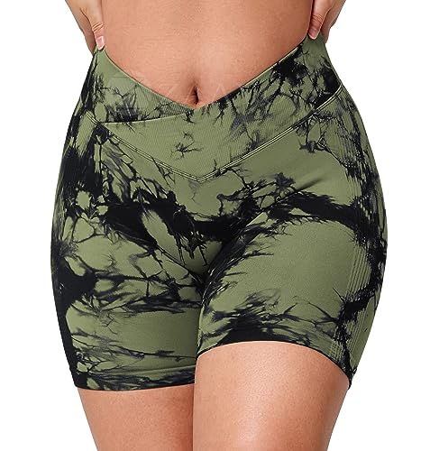 ZAAYO Gym Shorts Damen V Cross 5'' Tie Dye Sporthose Kurz Scrunch Butt High Waist Leggings für Sommer Yoga Fitness Lauf Armeegrün Large von ZAAYO