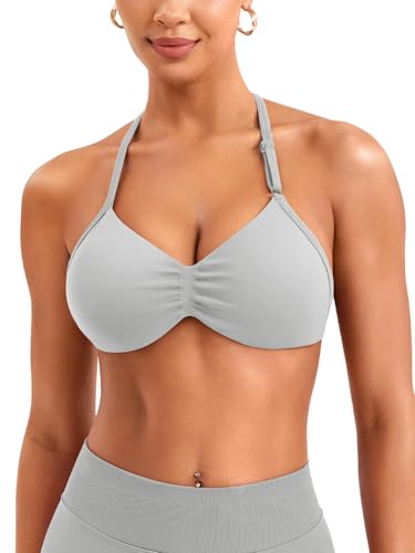 ZAAYO Halter Damen BH Ohne Bügel Nahtlose Tiefer V Ausschnitt Push Up BH Padded Impact Gym Yoga Tops mit Verstellbarer Schultergurt Feather L von ZAAYO