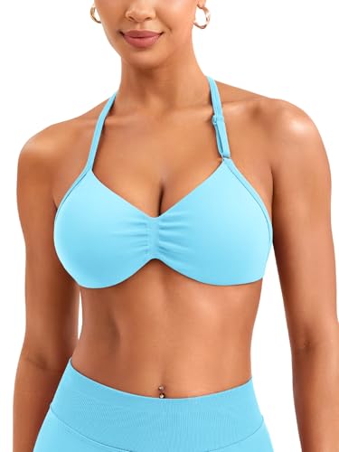 ZAAYO Halter Damen BH Ohne Bügel Nahtlose Tiefer V Ausschnitt Push Up BH Padded Impact Gym Yoga Tops mit Verstellbarer Schultergurt Hellblau M von ZAAYO