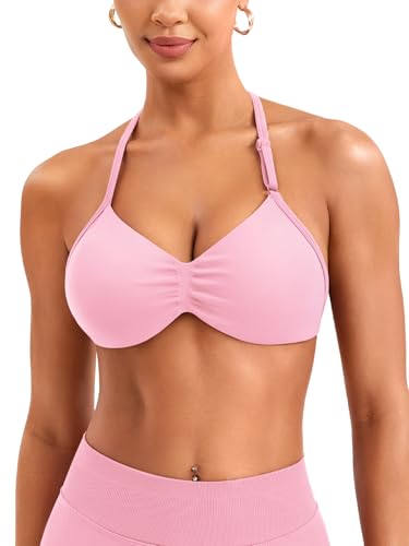 ZAAYO Halter Damen BH Ohne Bügel Nahtlose Tiefer V Ausschnitt Push Up BH Padded Impact Gym Yoga Tops mit Verstellbarer Schultergurt Rosa L von ZAAYO