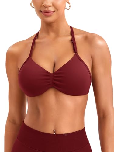 ZAAYO Halter Damen BH Ohne Bügel Nahtlose Tiefer V Ausschnitt Push Up BH Padded Impact Gym Yoga Tops mit Verstellbarer Schultergurt Scharlachrot M von ZAAYO