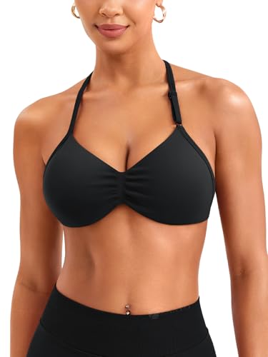 ZAAYO Halter Damen BH Ohne Bügel Nahtlose Tiefer V Ausschnitt Push Up BH Padded Impact Gym Yoga Tops mit Verstellbarer Schultergurt Schwarz L von ZAAYO