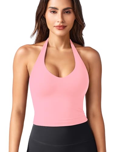 ZAAYO Halter Neckline Tank Top Damen Tiefer V Gepolsterte Crop Top Damen Sommer Basic Sexy Ãrmellose Sommer Oberteile Babyrosa XS von ZAAYO