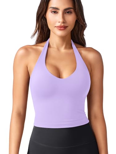 ZAAYO Halter Neckline Tank Top Damen Tiefer V Gepolsterte Crop Top Damen Sommer Basic Sexy Ãrmellose Sommer Oberteile Hellviolett S von ZAAYO