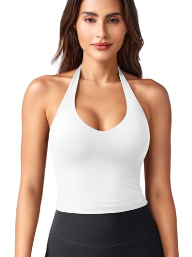 ZAAYO Halter Neckline Tank Top Damen Tiefer V Gepolsterte Crop Top Damen Sommer Basic Sexy Ãrmellose Sommer Oberteile Weiß M von ZAAYO