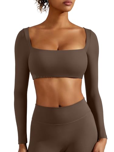 ZAAYO Langarm Crop Top Damen Langarm Gym Top Sport Oberteil Mit Eingebautem BH Basic Langarmshirt Damen Longsleeve Shirt mit Quadratischem Ausschnitt Coffee L von ZAAYO