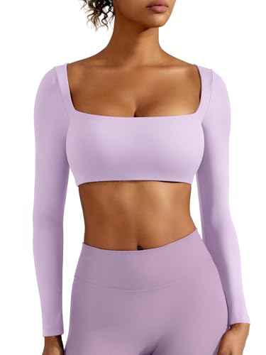 ZAAYO Langarm Crop Top Damen Langarm Gym Top Sport Oberteil Mit Eingebautem BH Basic Langarmshirt Damen Longsleeve Shirt mit Quadratischem Ausschnitt Hellviolett L von ZAAYO