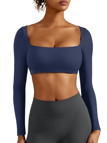 ZAAYO Langarm Crop Top Damen Langarm Gym Top Sport Oberteil Mit Eingebautem BH Basic Langarmshirt Damen Longsleeve Shirt mit Quadratischem Ausschnitt Marineblau L von ZAAYO