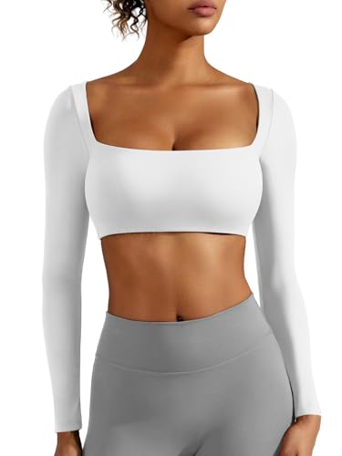 ZAAYO Langarm Crop Top Damen Langarm Gym Top Sport Oberteil Mit Eingebautem BH Basic Langarmshirt Damen Longsleeve Shirt mit Quadratischem Ausschnitt Weiß S von ZAAYO