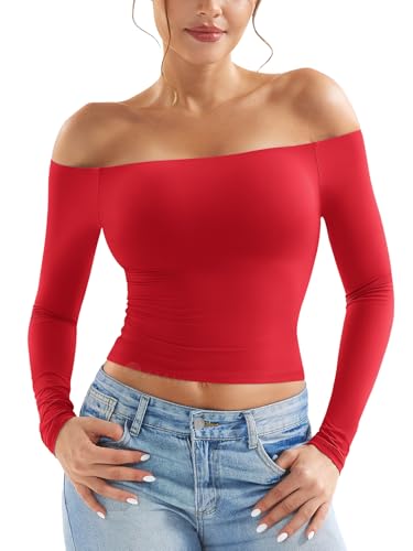 ZAAYO Long Sleeve Schulterfreies Oberteil Damen Y2K Crop Top Basic Langarmshirt Sport Tshirt Off Shoulder Gym Oberteil Damen Red XL von ZAAYO