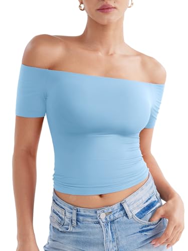 ZAAYO Schulterfreies T Shirt Damen Double Lined Y2K Summer Crop Top Sport Top Gym Oberteil Damen Basic Sporttshirt Hellblau L von ZAAYO