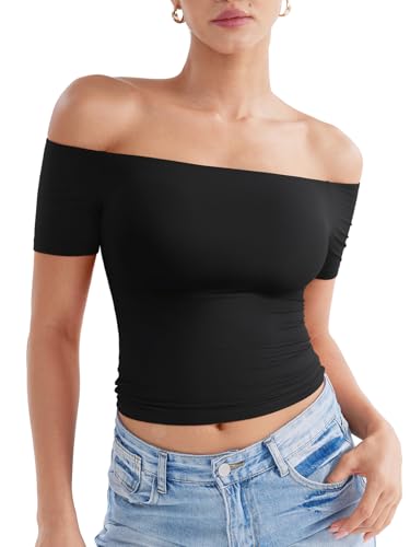 ZAAYO Schulterfreies T Shirt Damen Double Lined Y2K Summer Crop Top Sport Top Gym Oberteil Damen Basic Sporttshirt Schwarz S von ZAAYO