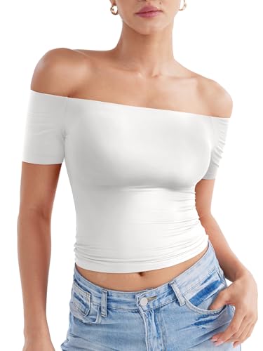 ZAAYO Schulterfreies T Shirt Damen Double Lined Y2K Summer Crop Top Sport Top Gym Oberteil Damen Basic Sporttshirt Weiß L von ZAAYO