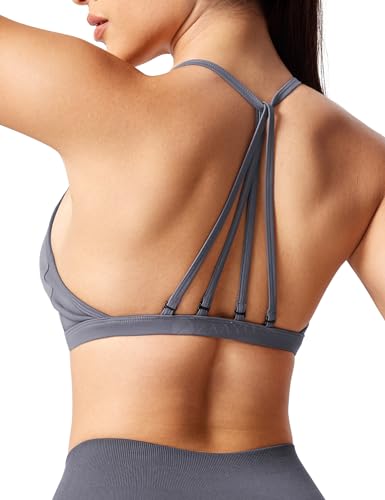 ZAAYO Sport BH Damen Ohne Bügel Starker Halt Rückenfrei Push Up BH Padded Bandeau Criss-Cross Straps Adjustable Bra Fuer Yoga Fitness Training Sport Top Blau Grau L von ZAAYO