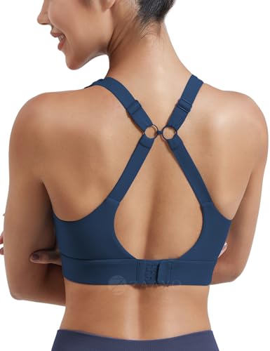 ZAAYO Sport BH Damen Rückenfrei Push up Bra ohne Bügel Gepolstert High Impact Bustier Halt mit Breiten Trägern Fitness Joggen Bra Marineblau XL von ZAAYO