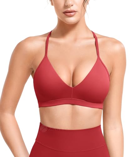 ZAAYO Sport BH Damen Tiefer V Ausschnitt Y-Rücken Push Up Sport BH Gepolstert Fitness Medium Impact Workout Gym Yoga Tops mit Verstellbaren Rückenriemen Rot L von ZAAYO
