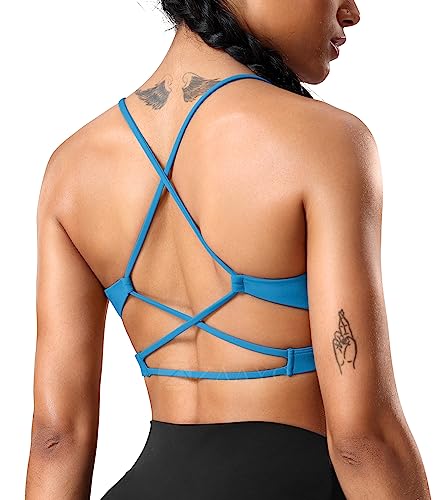 ZAAYO Sport BH Damen V Ausschnitt Sports Bra Crossback Ohne Bügel Gym BH Spaghetti Gepolstert Bustier für Sommer Yoga Fitness Blau X-Small von ZAAYO