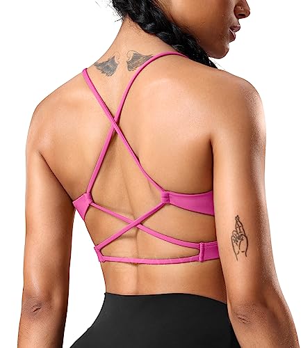 ZAAYO Sport BH Damen V Ausschnitt Sports Bra Crossback Ohne Bügel Gym BH Spaghetti Gepolstert Bustier für Sommer Yoga Fitness Rosa Large von ZAAYO