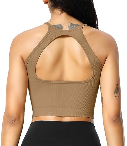 ZAAYO Sport Crop Top Damen Ärmellos Ribbed Sport BH Gepolstert Gym Bra Bauchfrei Tank Top Backless Ohne Bügel für Yoga Fitness Sommer Braun Large von ZAAYO