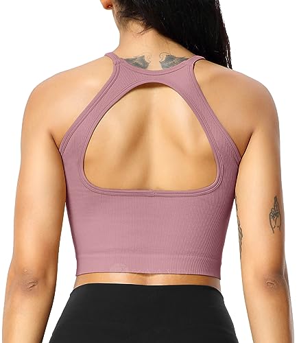 ZAAYO Sport Crop Top Damen Ärmellos Ribbed Sport BH Gepolstert Gym Bra Bauchfrei Tank Top Backless Ohne Bügel für Yoga Fitness Sommer Rosa Small von ZAAYO