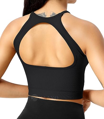 ZAAYO Sport Crop Top Damen Ärmellos Ribbed Sport BH Gepolstert Gym Bra Bauchfrei Tank Top Backless Ohne Bügel für Yoga Fitness Sommer Schwarz X-Small von ZAAYO