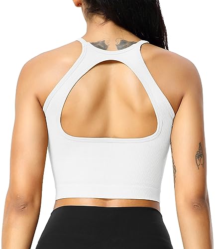 ZAAYO Sport Crop Top Damen Ärmellos Ribbed Sport BH Gepolstert Gym Bra Bauchfrei Tank Top Backless Ohne Bügel für Yoga Fitness Sommer Weiß X-Large von ZAAYO