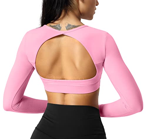 ZAAYO Sport Langarmshirts Damen Backless Long Sleeved Halter Crop Tops Highly Stretchy Fitness Stitching Langarmshirts Candy Powder Large von ZAAYO