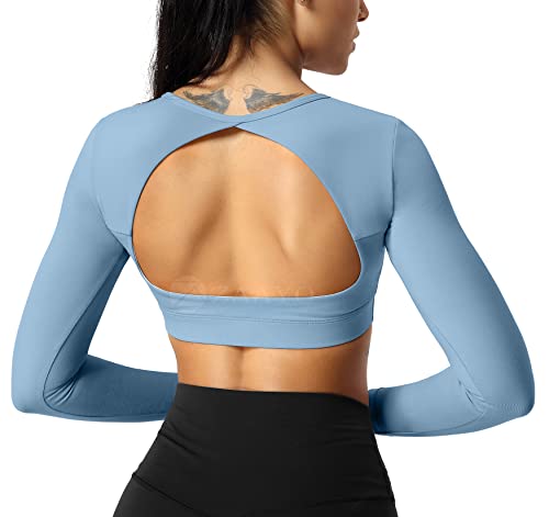 ZAAYO Sport Langarmshirts Damen Backless Long Sleeved Halter Crop Tops Highly Stretchy Fitness Stitching Langarmshirts Gray Blue Large von ZAAYO