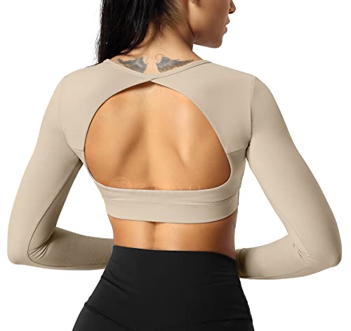 ZAAYO Sport Langarmshirts Damen Backless Long Sleeved Halter Crop Tops Highly Stretchy Fitness Stitching Langarmshirts Milk X-Small von ZAAYO