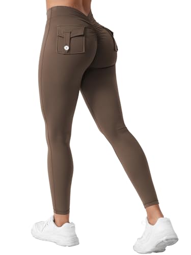 ZAAYO Sport Leggings Damen Mit Taschen V Rücken Scrunch Butt Leggings High Waist Booty Lifting Po Push Up Yoga Gym Sporthose Kaffee XL von ZAAYO