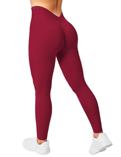 ZAAYO Sport Leggings Damen V Rücken Scrunch Butt Leggings High Waist Gym Sporthose Crossback für Sport Gym Fitness Weinrot Medium von ZAAYO