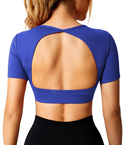 ZAAYO Sport Shirt Damen Backless Short Sleeved Halter Crop Top Highly Stretchy Fitness Stitching Shirts Blau Large von ZAAYO