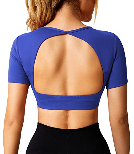 ZAAYO Sport Shirt Damen Backless Short Sleeved Halter Crop Top Highly Stretchy Fitness Stitching Shirts Blau Medium von ZAAYO