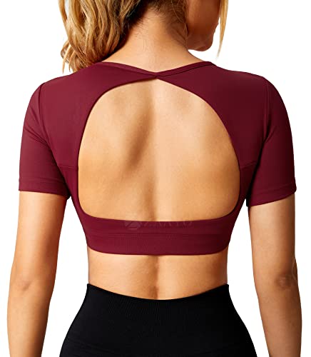 ZAAYO Sport Shirt Damen Backless Short Sleeved Halter Crop Top Highly Stretchy Fitness Stitching Shirts Burgunderrot Large von ZAAYO